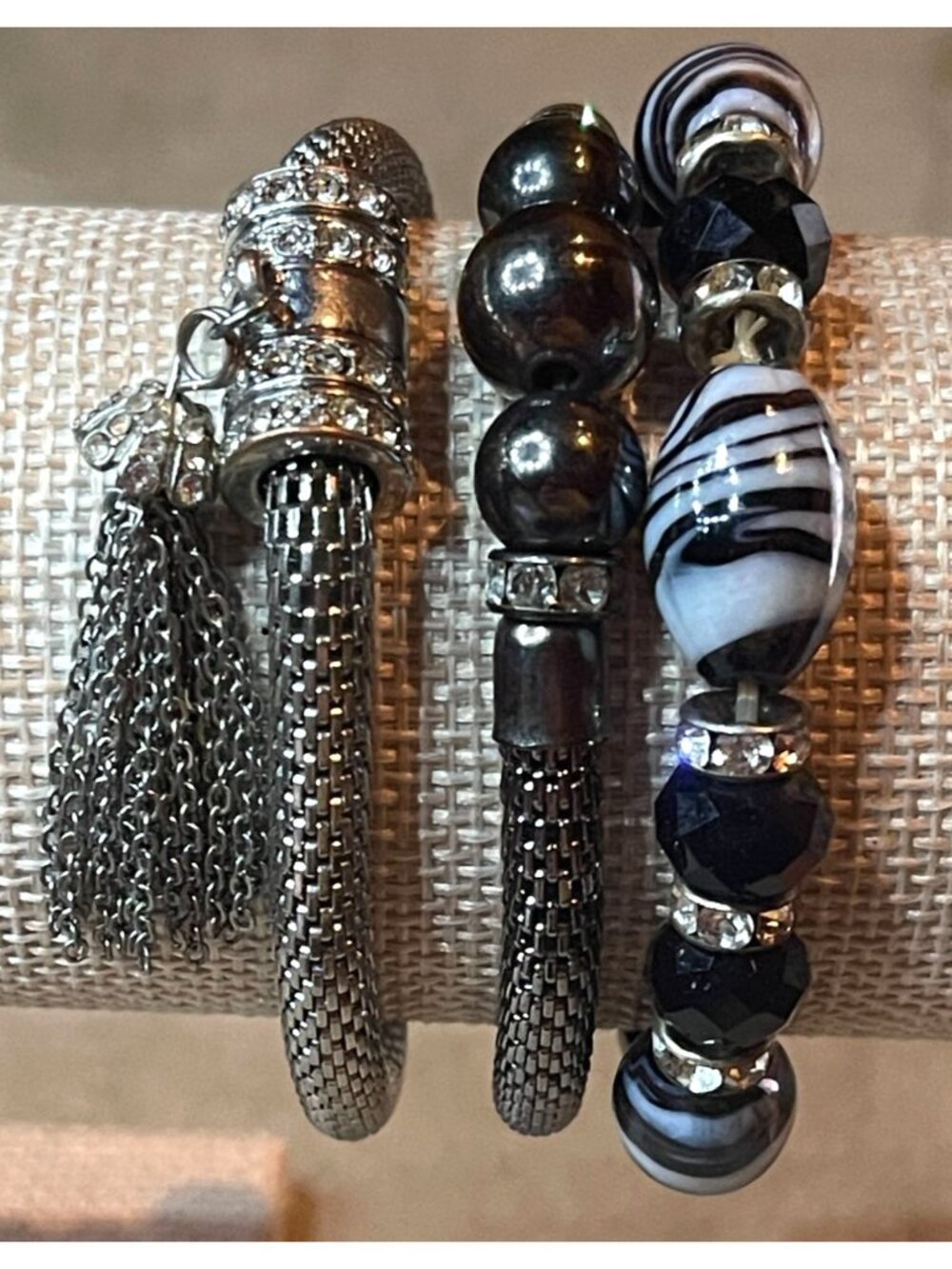 Silver Tone Stackable Bracelet Lot Glass Beads Mesh Tassel